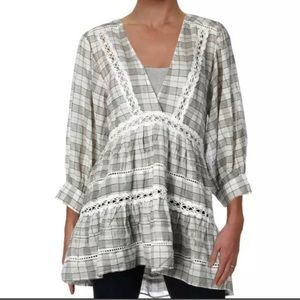 Free People Time Out Plaid Lace Top V-Neck 3/4 Balloon Sleeve Gray Women Size S